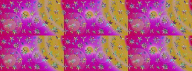 Mavi ve sarı renkli bitkilerden oluşan parlak çiçekli çizim deseni.