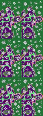 Renkli desenli eskiz deseni, yeşil ve mor çiçekler ve dekoratif elementler. Eski usul. Kumaş, tekstil, duvar kağıdı baskısı için. Raster illüstrasyonu. Taslak arkaplan.