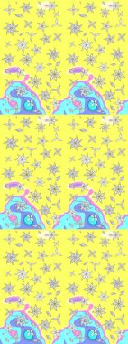 Raster düz çiçek çizim deseni. Hediye ambalaj kağıdı, tebrik kartları, posterler ve pankart tasarımı. Sarı ve mavi renkte çiçekler.