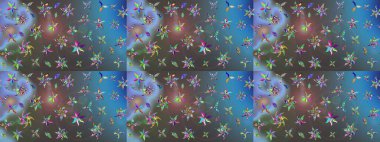 Küçük renkli çiçekler. Robot resim. Çiçekli bahar çiçekleri. Moda baskıları için zarif bir şablon. Küçük çiçekte güzel bir desen. Motley illüstrasyonu.