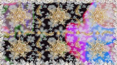 Raster. Hassas altın deseni açın. Kusursuz altın desenli bukleler. Gri renklerde, altın elementlerle kusursuz desen. Parlak dantel, stilize çiçekler, şal desenli. Doğu tarzı arabesk.