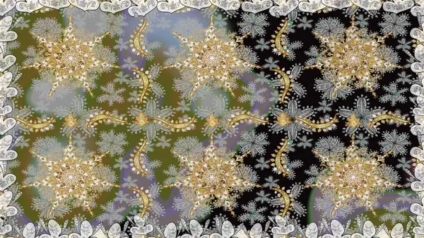 Damask arkaplanı. Barok tarzında altın çiçekli süs. Gri renklerdeki altın element. Altın çiçekli, pürüzsüz desen.