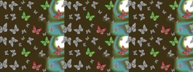 Raster renkli sonsuz doku. Elle çizilmiş illüstrasyon. Kelebekli çizim şekli. Bahar ve yaz tasarımı için renkli arkaplan.