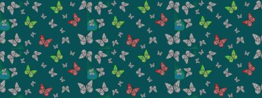 Raster Arkaplanı mavi renklerde. Güzel Kelebek Siluetleriyle Moda Dekorasyonu. Kart, Davetiye ve Yazdırma için Şirin Kadınsı Desen. Renkli Kelebeklerle Bahar Arkaplanı.