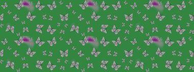 Nakış, egzotik kelebeklerle süslü çiçek eskiz deseni. Giysi tasarımı için yeşil arka planda geleneksel Raster halk çiçekleri dekoru. Kart, yazdırma, davet için basit şirin desen.