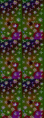 Nakış desenli çiçek deseni. Parmak izi, kumaş, duvar kâğıdı, tekstil için raster dokusu. Renkli grunge, yeşil ve kahverengi çiçeklerle soyut arkaplanı zenginleştirir.