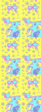 Düz Çiçek Elementleri Tasarımı. Renkli Yaz Temalı eskiz kalıbı. Güzel kumaş deseni. Raster illüstrasyonunda çiçek deseni çizimi.