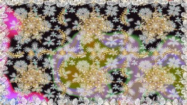 Altın karalama fantezi yapraklarından ve gri renkli çiçeklerden Raster soyut çiçek çelengi. El yapımı dekoratif çerçeve, albüm kapağı, tebrik kartı, klasik Art deco tarzı.