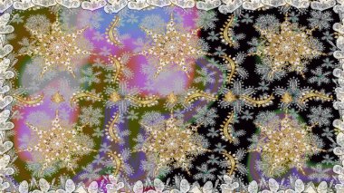 Hassas altın deseni açın. Doğu tarzı arabesk. Kusursuz altın desenli bukleler. Gri renklerde, altın elementlerle kusursuz desen. Parlak dantel, stilize çiçekler, şal desenli. Raster..