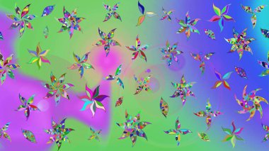 Bahar çiçekleriyle desen dallı, menekşe rengi ve çiçek silueti ile yeşil renkler. Raster deseni.