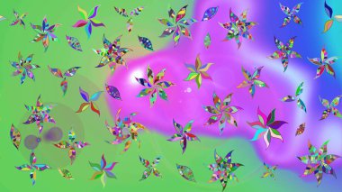 Yumuşak, yeşil ve mor renkte bahar çiçekleri. Çiçekli karalama şeklinde Raster çiçek deseni. Raster illüstrasyonu.