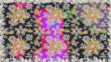 Çiçek kiremitleri. Raster altın tekstil baskısı. Gri renkli ve altın elementli altın desenli. Kusursuz desenli oryantal süs. İslam tasarımı.