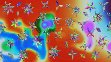 Turuncu ve mavi renklerde bahar çiçekleri. Raster deseni. Patlayan çiçekler soyut olarak yerleştirilmiş. Raster illüstrasyonu.