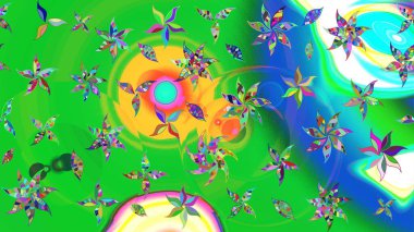 Raster illüstrasyonundaki çiçek desenli çizim. Yeşil ve mavi renkte çiçekler.