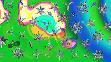 Yeşil ve mavi renkte çiçekler. Çiçek desenli eskiz, darbeler, sıçramalar, yaz çiçekleri. Raster illüstrasyonu.