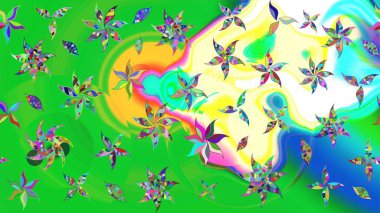 Ağaç dallı bahar çiçekli desen, çiçek siluetiyle yeşil ve mavi renkler. Raster deseni.