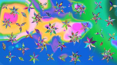 Raster illüstrasyonu. Raster çiçekleri klasik tarzda çizilmiş. Yumuşak, bahar çiçekleri mavi ve yeşil renklerde. Çiçekli yumuşak çizim deseni.