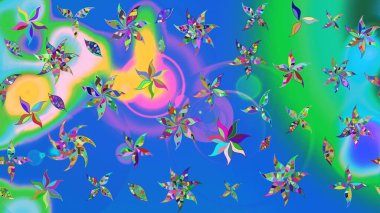 Raster illüstrasyonu. Robot resim tarzı mavi ve yeşil renkler. Şirin karalamalı çiçek desenli çizim. El yapımı çiçek ve bitki koleksiyonu. Raster illüstrasyonu.