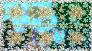 Mavi renkte altın bir element. Altın çiçekli, pürüzsüz desen. Barok tarzında altın çiçekli süs. Damask arkaplanı.