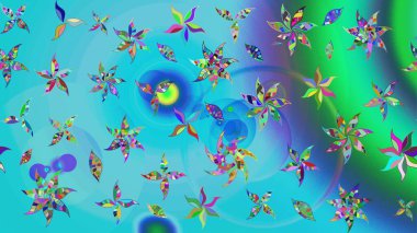 Mavi ve yeşil renkli çiçekler. Çiçekli karalama şeklinde Raster çiçek deseni. Yumuşak, yaz çiçekli arka plan.