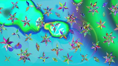 Raster Güzel kumaş deseni. Raster suluboya deseni, narin çiçekler, mavi ve yeşil çiçekler, tebrik kartı şablonu..