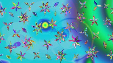 Çiçek desenli eskiz, yaz çiçekleri. Mavi ve yeşil renkli çiçekler. Renkli Bahar Teması eskiz kalıbı. Düz Çiçek Elementleri Tasarımı.