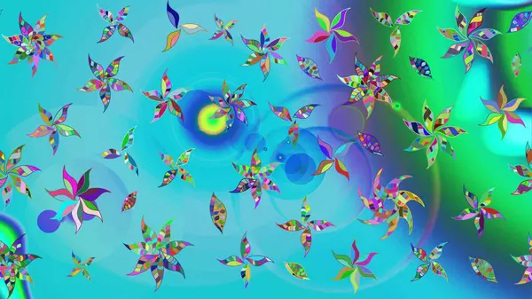 Renkli Bahar Teması eskiz kalıbı. Raster Modaya uygun kumaş deseni. Düz Çiçek Elementleri Tasarımı. Mavi ve yeşil renkli şirin çiçek deseni.