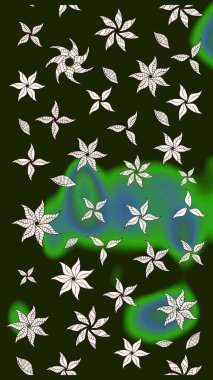 Gri ve yeşil renklerde bahar çiçekleri. Raster illüstrasyonu. Raster deseni. Patlayan çiçekler soyut yerleştirilmiş.