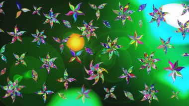 Çiçek desenli eskiz, darbeler, sıçramalar, yaz çiçekleri. Raster illüstrasyonu. Yeşil ve mavi renkte çiçekler.