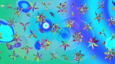 Raster illüstrasyonundaki çiçek desenli çizim. Mavi ve yeşil renkte çiçekler.