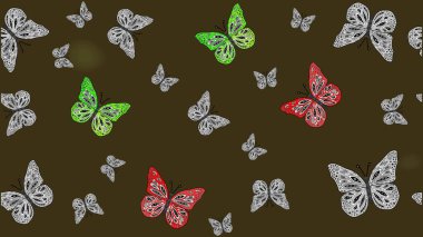 Güzel Kelebek Siluetleriyle Moda Dekorasyonu. Kart, Davetiye ve Yazdırma için Şirin Kadınsı Desen. Renkli Kelebeklerle Bahar Arkaplanı. Kahverengi renkte Raster Arkaplanı.