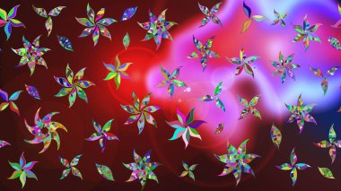 Patlayan çiçekler soyut olarak yerleştirilmiş. Raster illüstrasyonu. Raster deseni. Nazikçe, bahar çiçekleri kahverengi ve kırmızı renklerde.