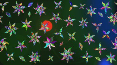 Yumuşak, bahar çiçekleri mavi ve yeşil renklerde. Raster deseni. Raster illüstrasyonu. Patlayan çiçekler soyut yerleştirilmiş.