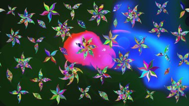 Raster illüstrasyonu. Mavi ve gri renkte çiçekler. Raster illüstrasyonu. Çiçek desenli çizim. Asya tekstil tarzında.