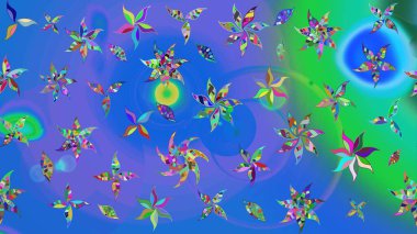 Vadinin çiçekleri mavi ve yeşil renklerde. Çiçeksel çizim kalıbının çizimi.