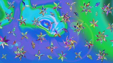 Düz Çiçek Elementleri Tasarımı. Mavi ve yeşil renkli çiçekler. Sketch Colour Spring Theme eskiz kalıbı. Sevimli çiçek raster deseni.