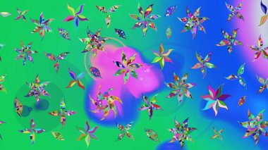 Yumuşak, bahar çiçekleri yeşil ve mavi renklerde. Yaprak ve çiçeklerin suluboya resimleri, yeşil ve mavi renkler üzerine çizimler. Raster illüstrasyonu.