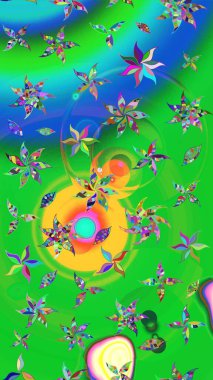 Renkli Bahar Teması eskiz kalıbı. Düz Çiçek Elementleri Tasarımı. Asya tekstil tarzında. Raster illüstrasyonu. Çiçek desenli çizim. Yeşil ve mavi renkte çiçekler.