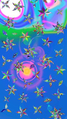 Mavi ve mor üzerine çiçekler. Suluboya, elle çizilmiş. Raster hisseleri. Taslak arkaplan deseni.