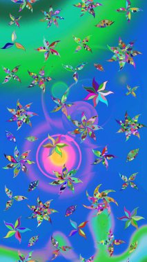 Raster illüstrasyonu. Çiçek buketleriyle klasik bir eskiz şekli. Mavi ve yeşil renklerde.