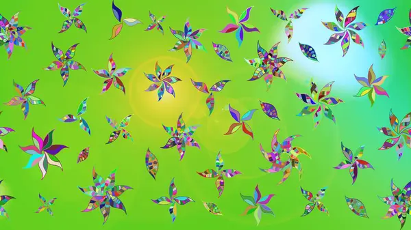 Çiçekler. Soyut etnik raster çizim kalıbı. Vadinin çiçekleri yeşil ve mavi renklerde.