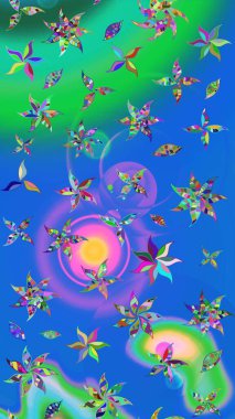 Nakış desenli çiçek deseni. Parmak izi, kumaş, duvar kâğıdı, tekstil için raster dokusu. Renkli grunge soyut arkaplanı coloblue ve yeşil çiçeklerle zenginleştirir.