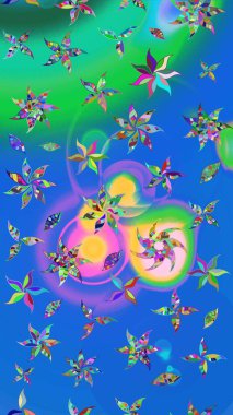 Sevimli çiçek raster deseni. Renkli Bahar Teması eskiz kalıbı. Düz Çiçek Elementleri Tasarımı. Mavi ve yeşil renkte çiçekler.