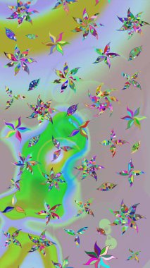 Rengarenk çiçekleri ve yaprakları tarafsız ve yeşil renklerde olan harika bir çiçek deseni. Modern çiçek arkaplanı. Halk tarzı. Moda baskıları için zarif bir şablon.