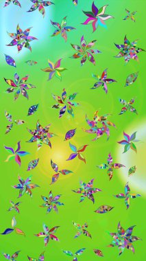 Kumaş desenli papatya çiçeği detayı. Yeşil ve mavi renkte çiçekler.