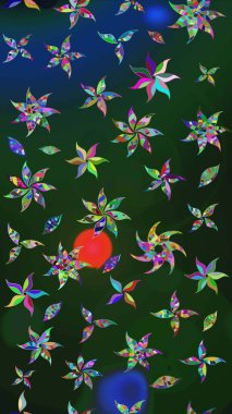 Çiçeksel fantezi tasarımı ve parlak bir arka plan çizimi. Düz Çiçek Elementleri Tasarımı. Renkli Bahar Teması çizim şablonu.