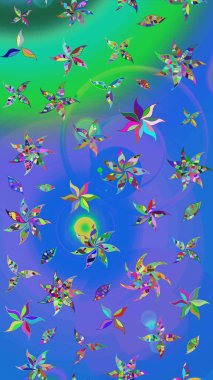 Yapraklı çiçekler ve mavi ve yeşil renkli papatya çiçekleri. Eskiz arkaplan modeli. Raster - stok.