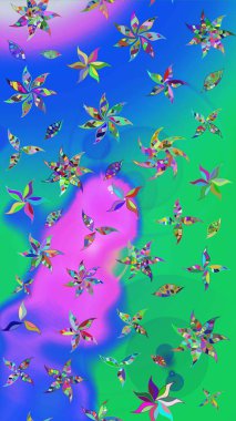 Mavi ve yeşil renkte etnik çiçeklerle süslenmiş zarif bir eskiz şekli. Raster Çiçek İllüstrasyon Şirin Tekstil.