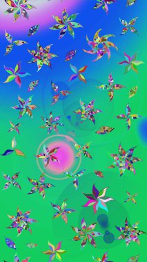 Üst manzara, yumuşak yeşil ve mavi renkli. Manzaralı çiçek deseni. Sevgililer günü ve tebrik kartı konsepti için şık bir davetiye. Çiçek kompozisyonu, el boyası, hassas şablon..