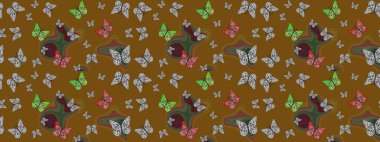 Raster illüstrasyonu. Doğa kelebeği temayı kahverengi renklerle tekrarlıyor. Kelebek yineleme dokusunun güzel çizimi karşıtlık katmanında izole edilmiş. Korunmak için vahşi yaşam böcekleri arka planı.